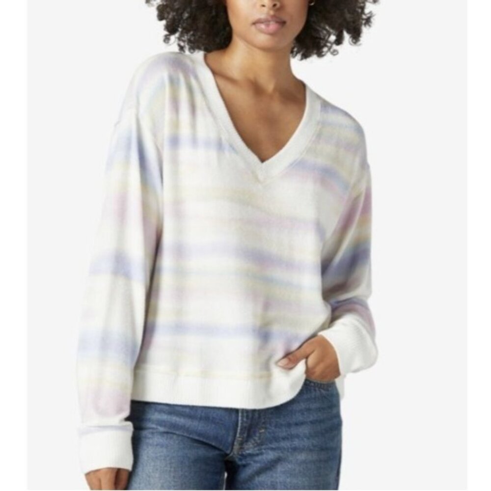 Lucky Brand Cloud Soft Jersey Shirt V-Neck White Rainbow Striped Size L NWT